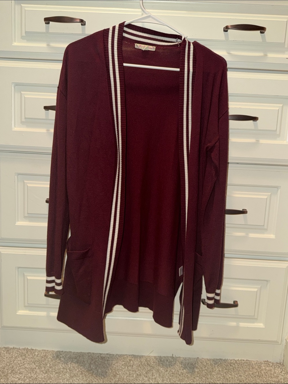 It's Our Time Burgundy Open-Front Cardigan with White Trim